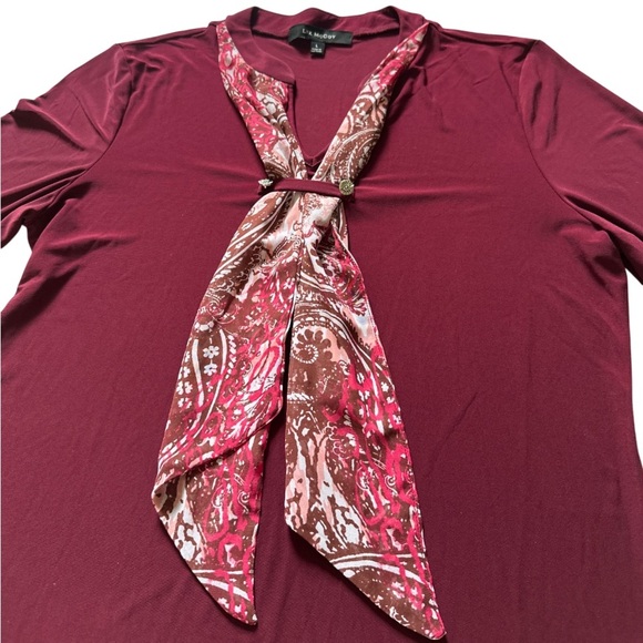 Burgundy Blouse Sz L Scarf Tie Top V Neck 3/4 Sleeve Office Career Preppy - Picture 3 of 6